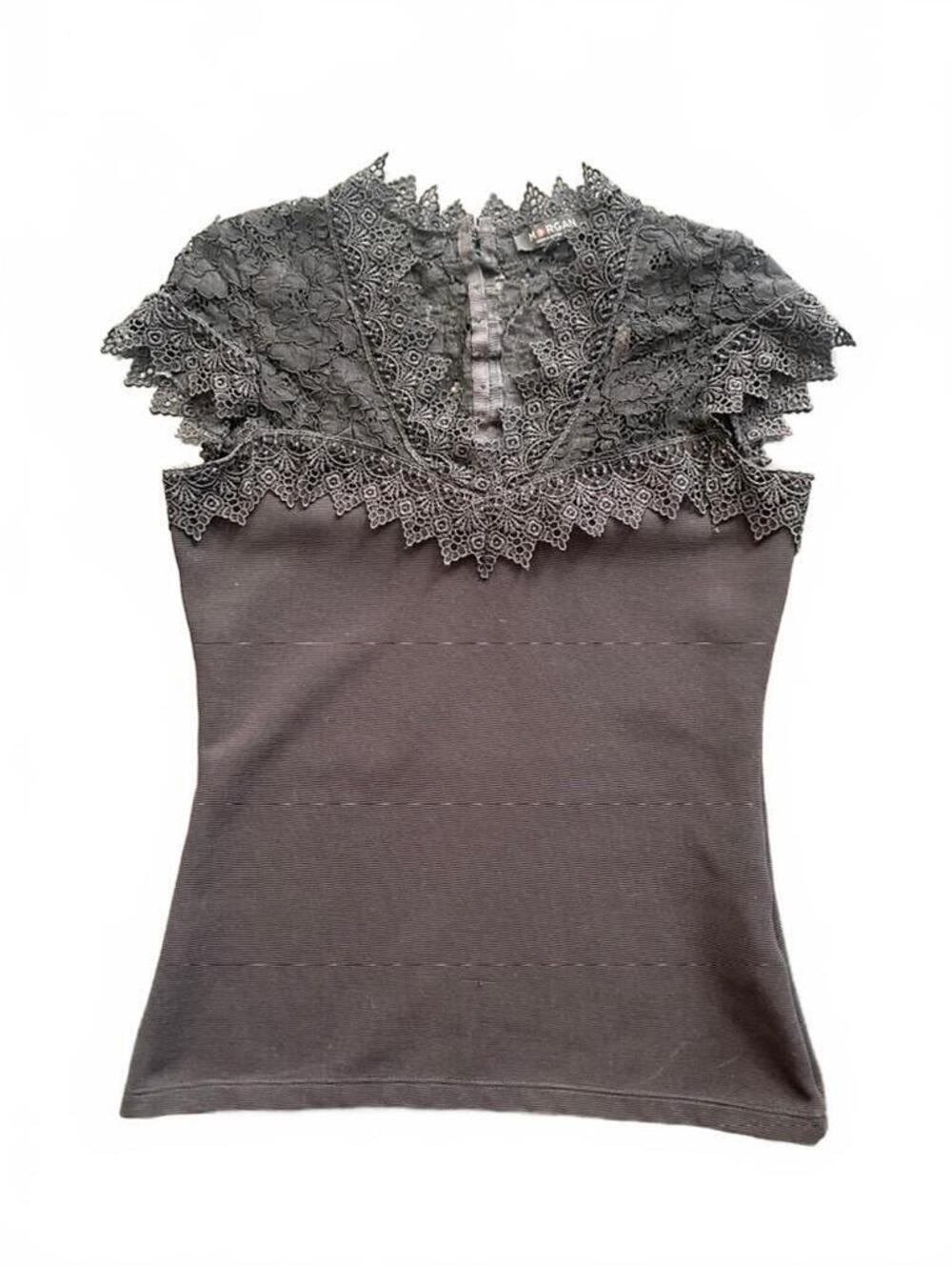 Morgan de Toi Black Lace Cap Sleeve Top XS